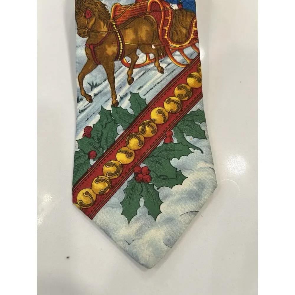 Vtg LANDS END SILK Mens TIE “SLEIGH RIDE TO GRANDMAS HOUSE” 3.5” Hand Sewn USA
